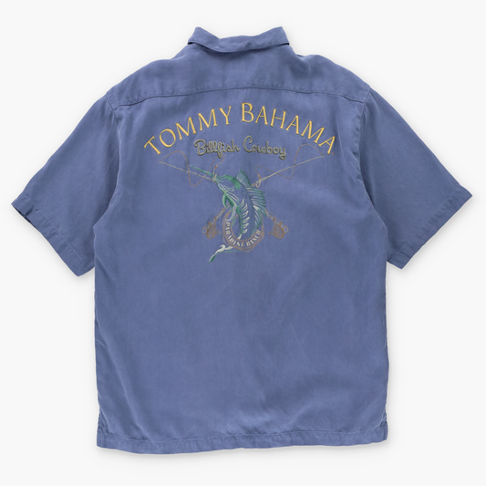 TOMMY BAHAMA Embroidered 'Billfish Cowboy' Blue Silk Shirt (M)