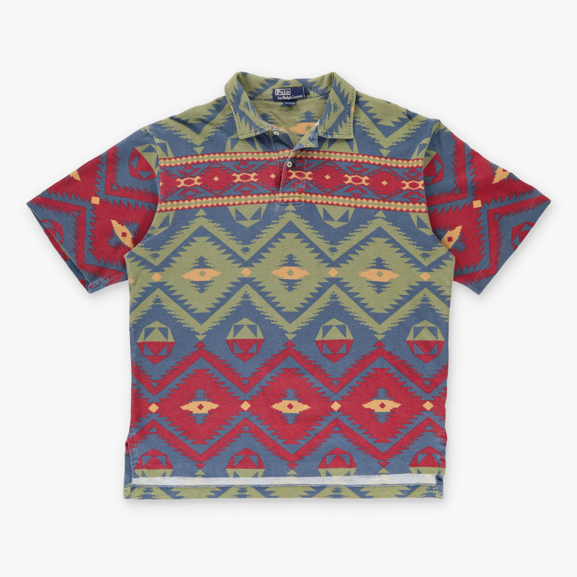 Vintage POLO RALPH LAUREN Aztec Geometric Green & Red Print Polo Shirt (L) Vintage Sole Melbourne