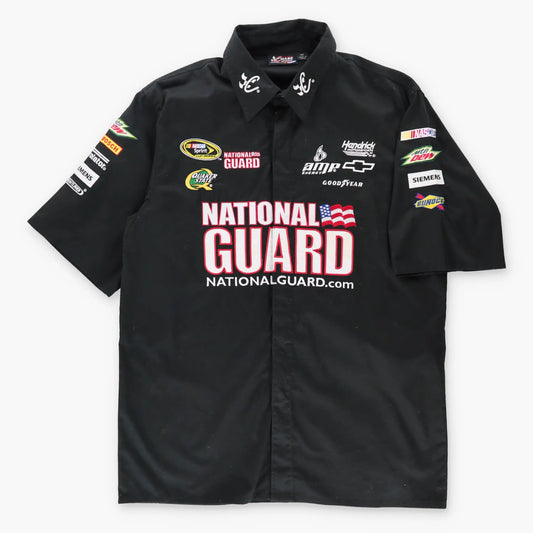 Vintage NASCAR Dale JR National Guard Black Embroidered Pit Button Up Shirt (M-L)