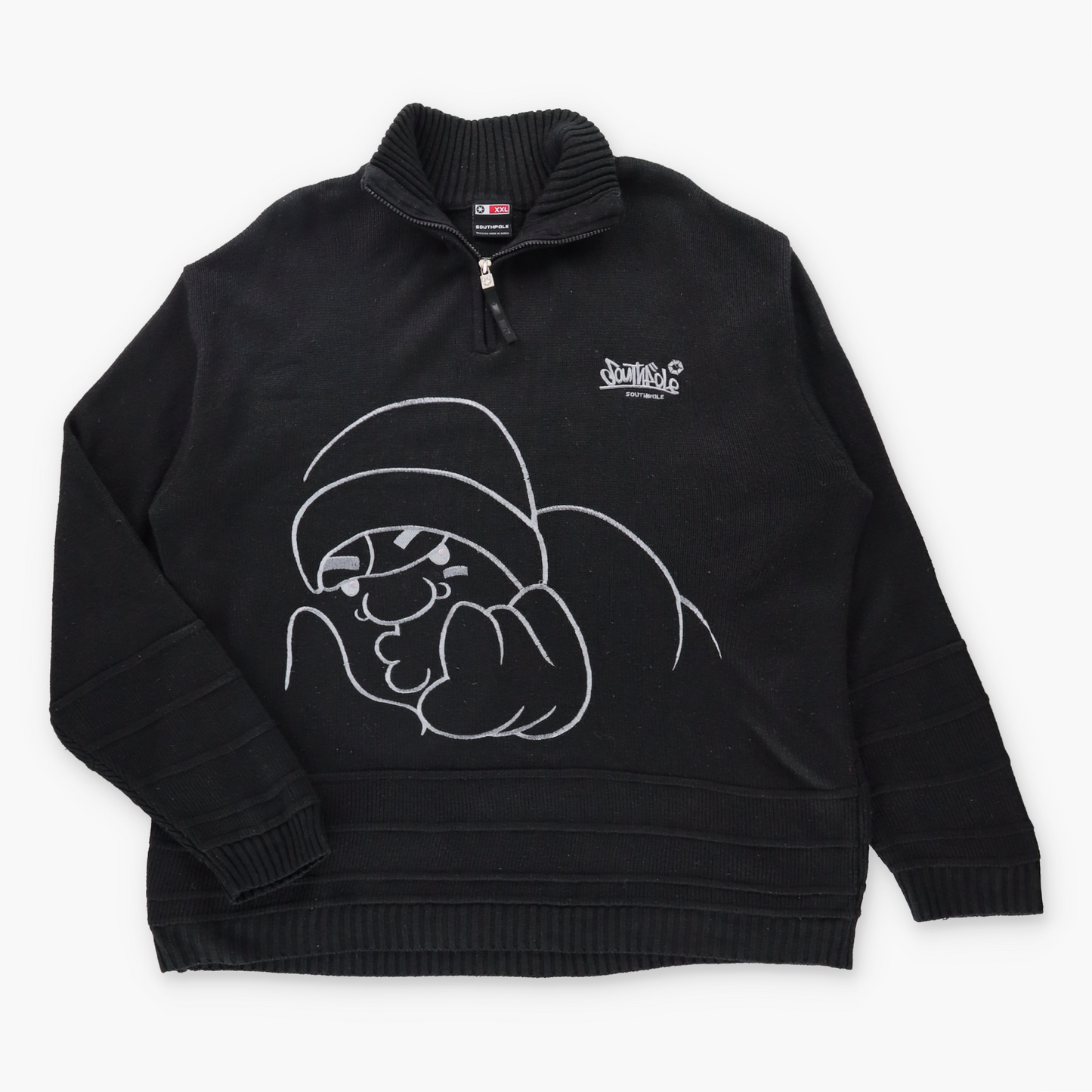 Vintage SOUTHPOLE Embroidered Face 1/4 Zip Y2K Style Black Knit Sweater (XXL) Vintage Sole Melbourne
