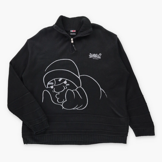 Vintage SOUTHPOLE Embroidered Face 1/4 Zip Y2K Style Black Knit Sweater (XXL)