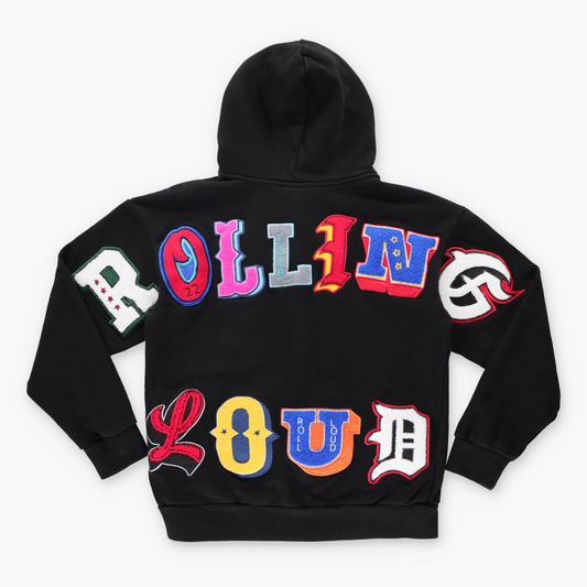 ROLLING LOUD Festival Merch Chenille Spell Out Patch Black Hoodie Sweatshirt (S) Vintage Sole Melbourne