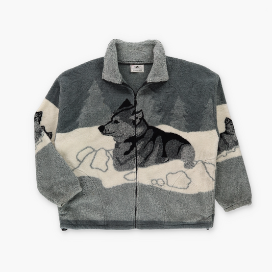 BLACK MOUNTAIN Wolves Grey & Off White USA Made Fleece Jacket (L)