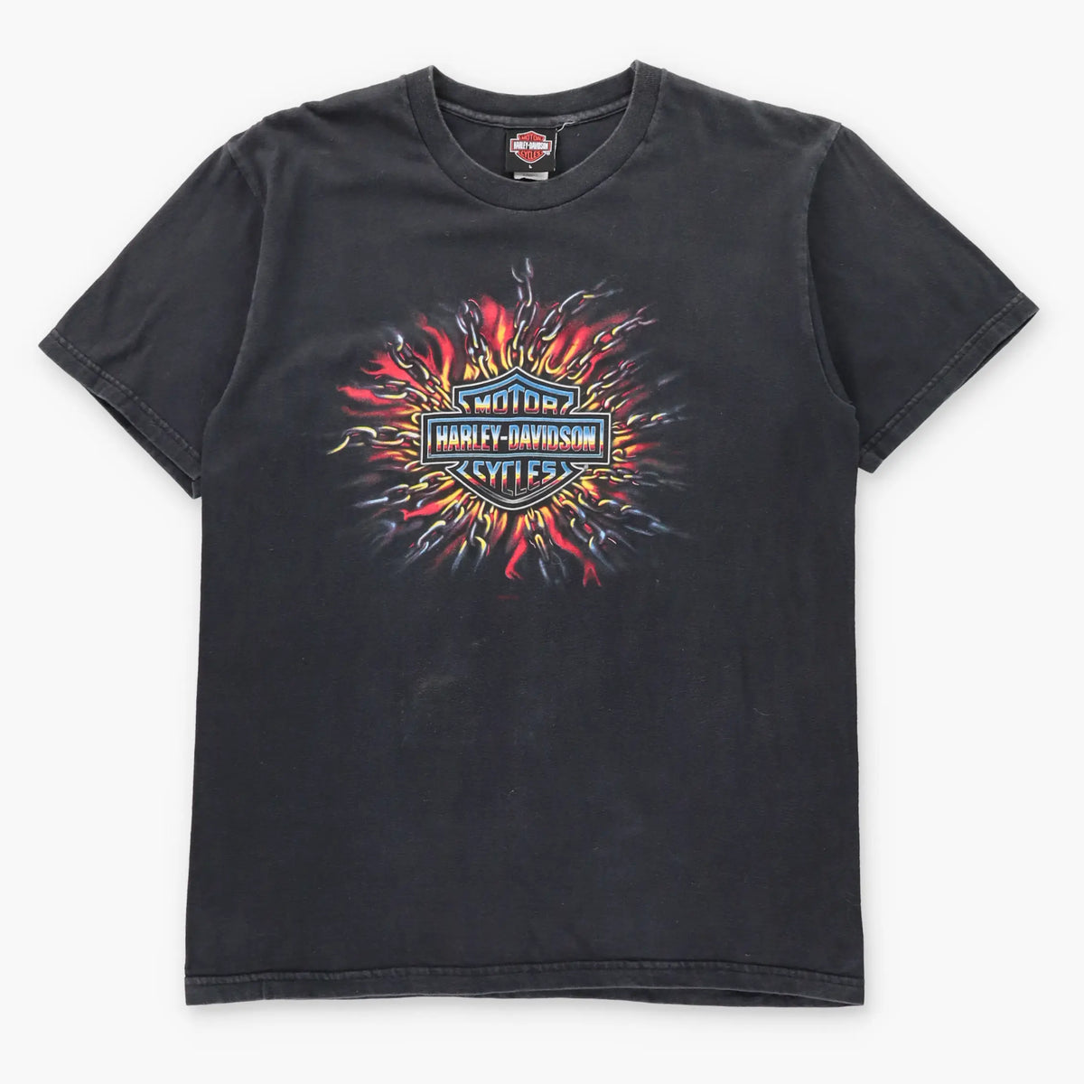 HARLEY DAVIDSON Flames & Chains "Chick's" Albuquerque USA Made Vintage Black T-Shirt (L TALL)