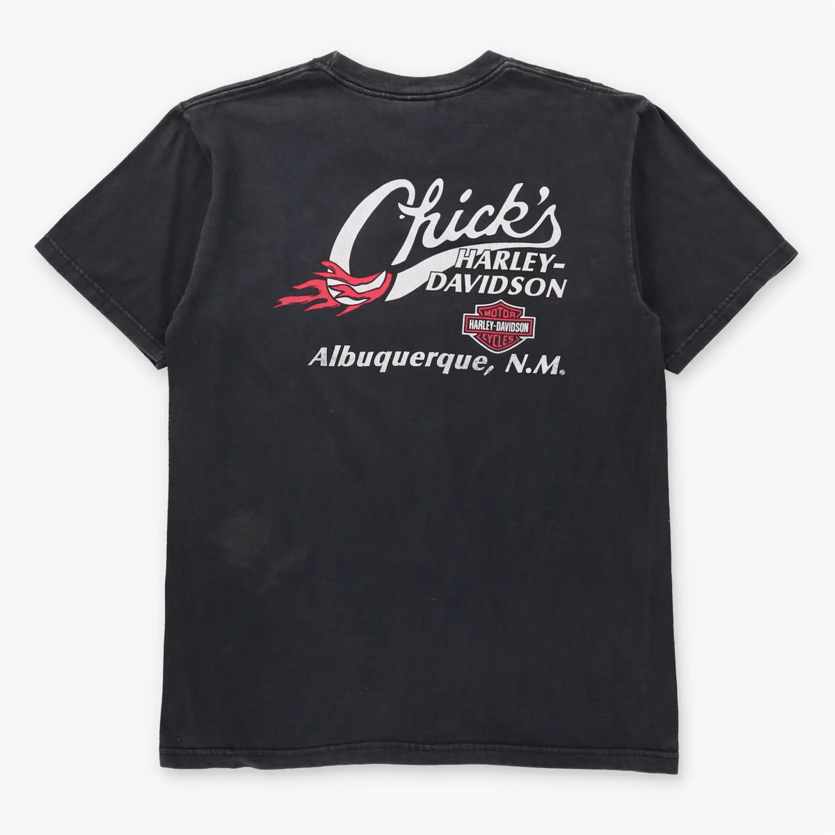 HARLEY DAVIDSON Flames & Chains "Chick's" Albuquerque USA Made Vintage Black T-Shirt (L TALL)