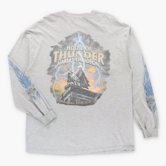 Vintage HARLEY DAVIDSON "House Of Thunder" Morgan Hill California Grey Long Sleeve Tee (XL)