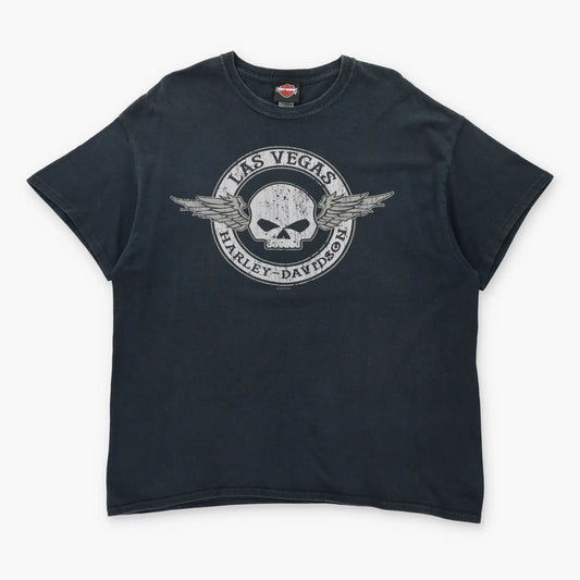 HARLEY DAVIDSON Las Vegas Nevada Winged Skull & Logo Black Vintage T-Shirt (XL)