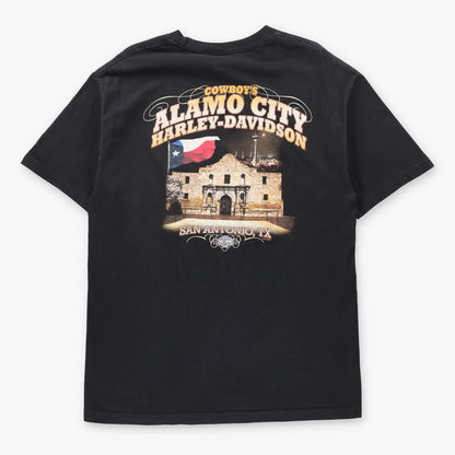 Vintage HARLEY DAVIDSON Cowboy's Alamo City Texas Black T-Shirt (L TALL)