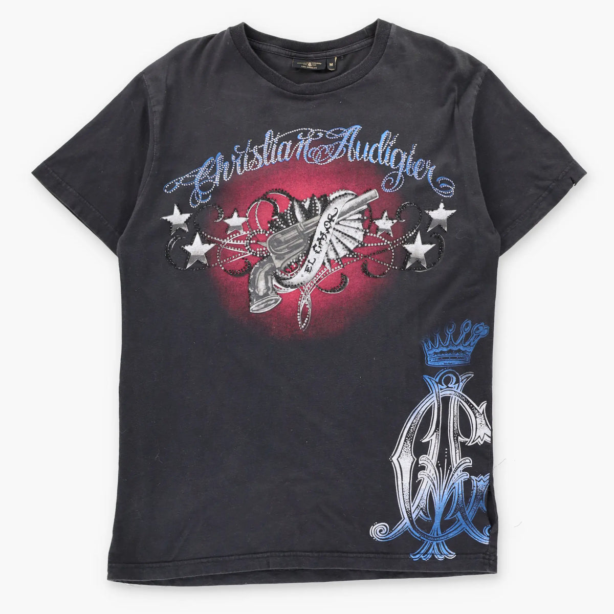 Vintage CHRISTIAN AUDIGIER Embellished Pistol Black Y2K Tee (M)