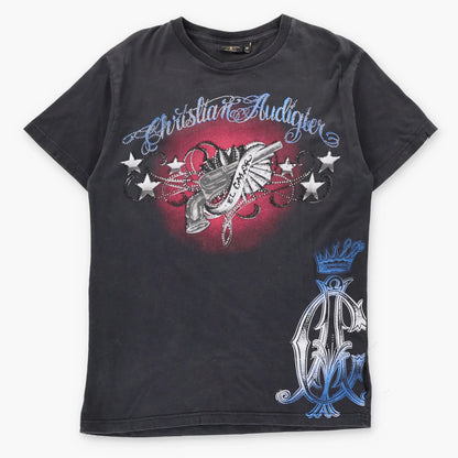 Vintage CHRISTIAN AUDIGIER Embellished Pistol Black Y2K Tee (M)