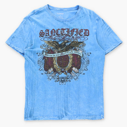 Vintage "SANCTIFIED" Studded Eagle Bright Blue Y2K Style Tee (M-L)