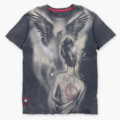Vintage AFFLICTION 'Red Label Premium' Red Foil Dragon Tattoo Faded Black Distressed Y2K Tee USA Made (L TALL)