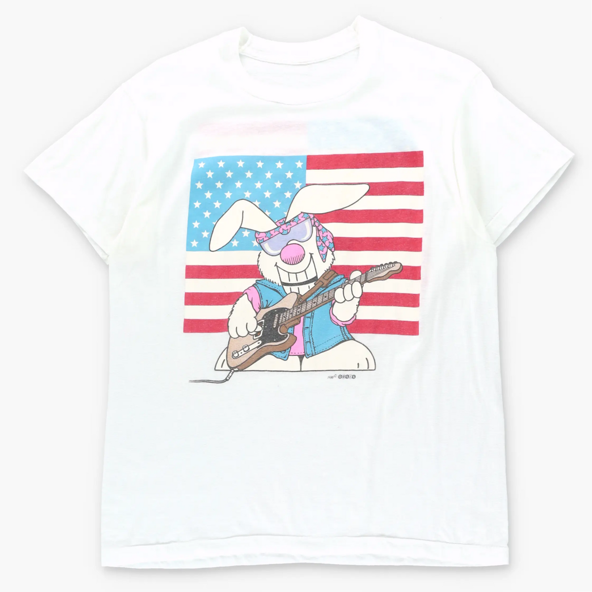 Vintage 1986 Rockstar Rabbit & USA Flag Double Sided White Single Stitch T-Shirt (M)