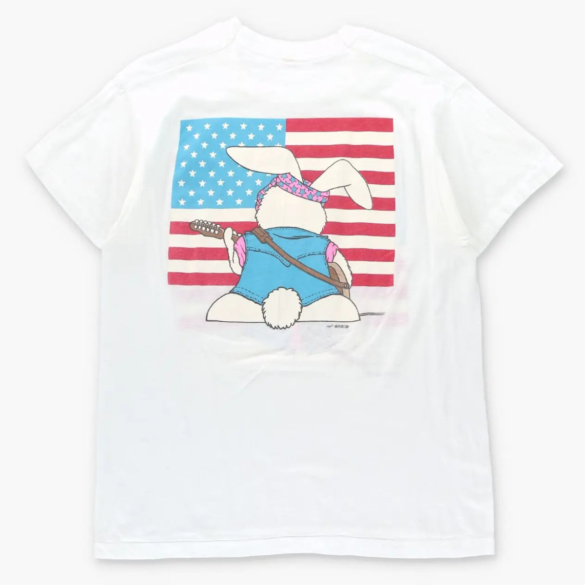 Vintage 1986 Rockstar Rabbit & USA Flag Double Sided White Single Stitch T-Shirt (M)