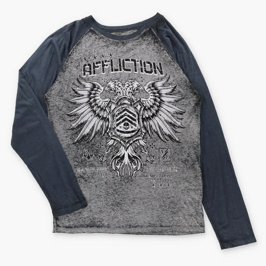 Vintage AFFLICTION Velvet Detail Eagle Crest Grey & Black Y2K Long Sleeve Tee (L TALL)