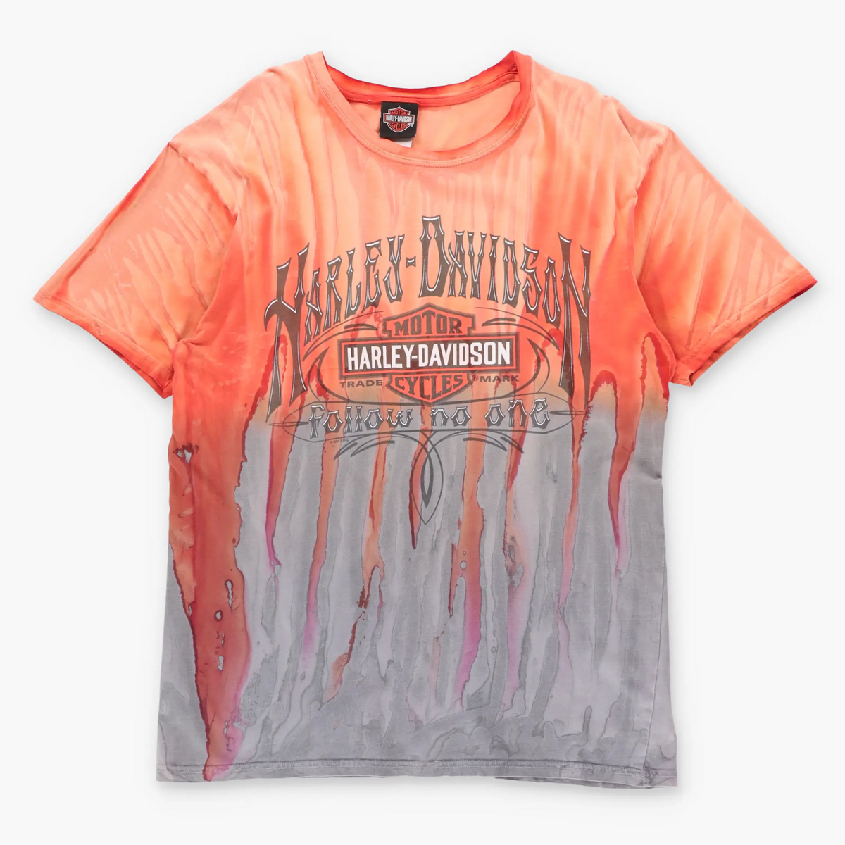 Vintage HARLEY DAVIDSON "Follow No One" Superstition Arizona Orange & Grey Drip Effect Tee (L)