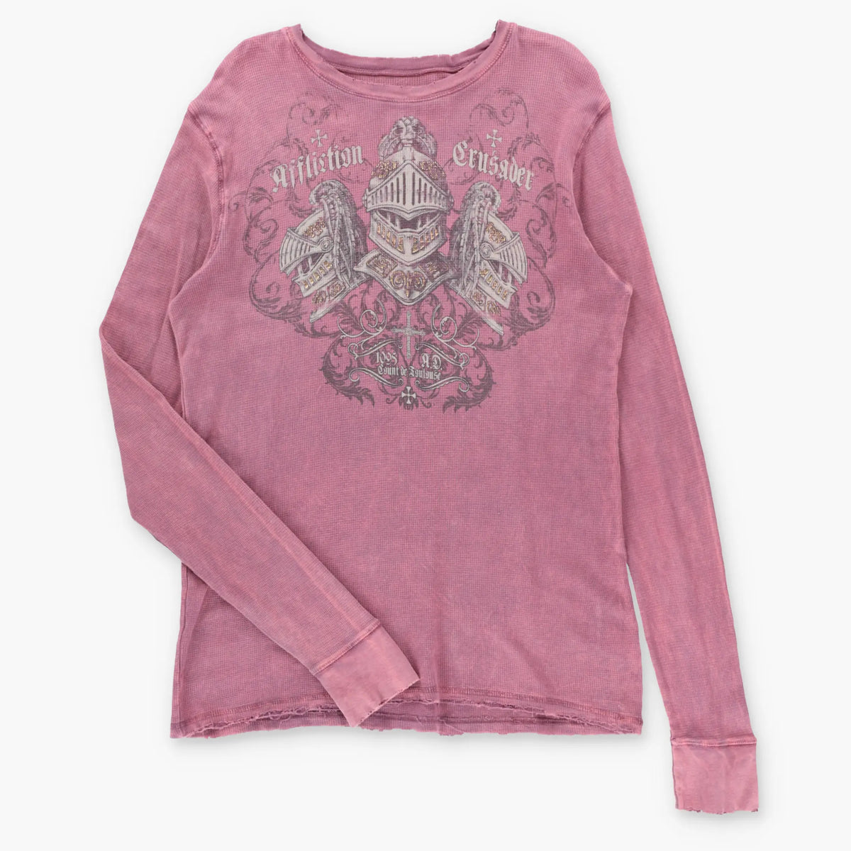 Vintage AFFLICTION Crusader "Saint Gilles Count de Toulouse" Gold Foil Detail Waffle Knit Long Sleeve Tee USA Made (L)