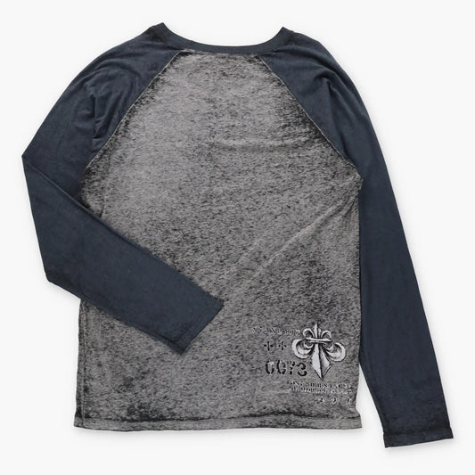 Vintage AFFLICTION Velvet Detail Eagle Crest Grey & Black Y2K Long Sleeve Tee (L TALL)
