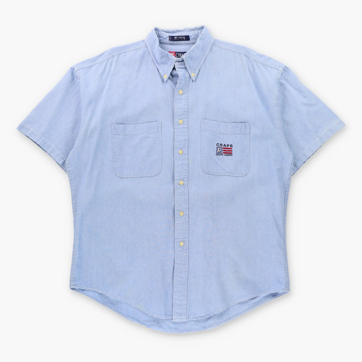 Vintage CHAPS RALPH LAUREN Embroidered Logo Front Pocket Light Blue Short Sleeve Button Down Shirt (XL)