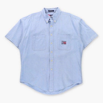 Vintage CHAPS RALPH LAUREN Embroidered Logo Front Pocket Light Blue Short Sleeve Button Down Shirt (XL)