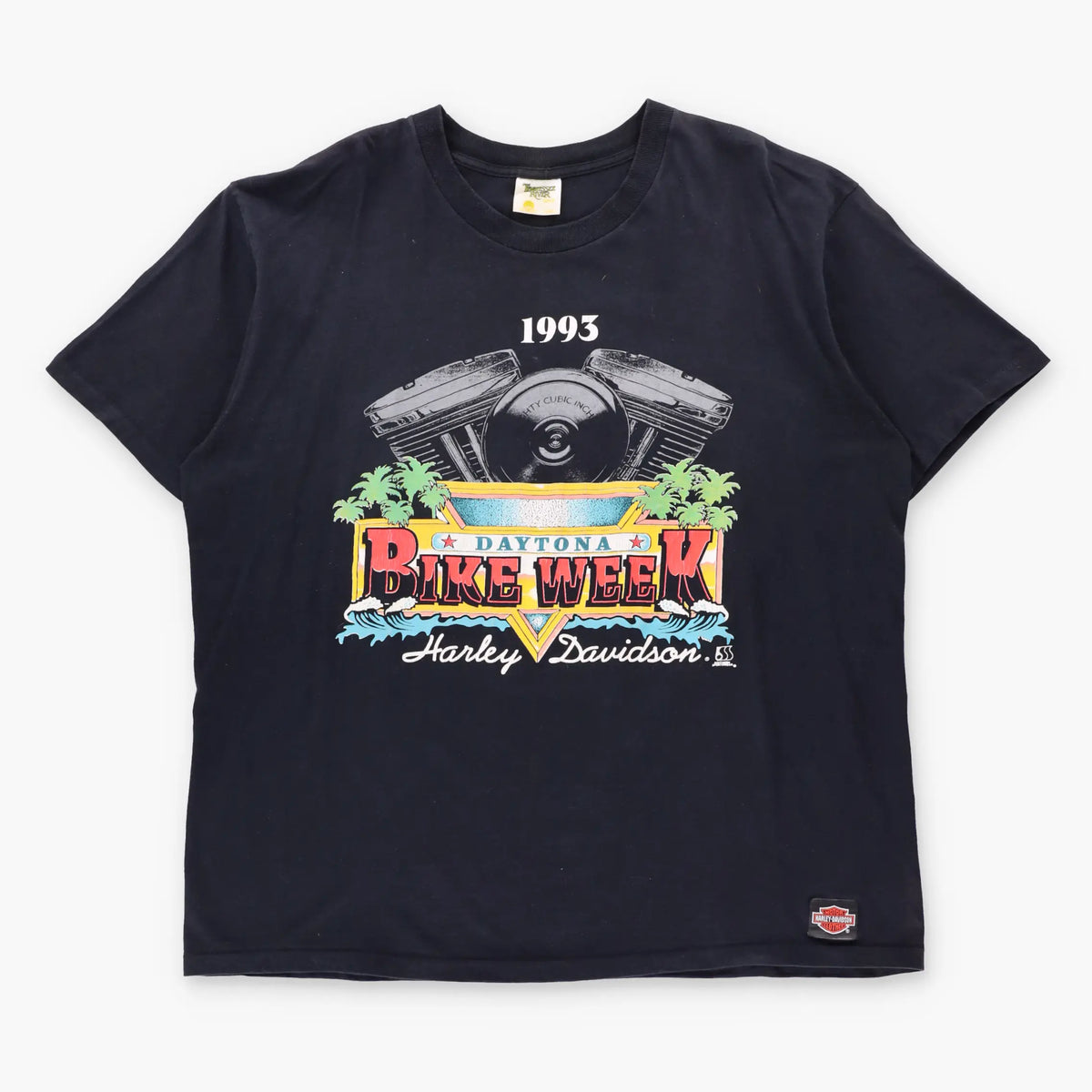 Vintage HARLEY DAVIDSON Daytona Beach Bike Week 1993 Black & Neon Single Stitch USA Made T-Shirt (XXL)