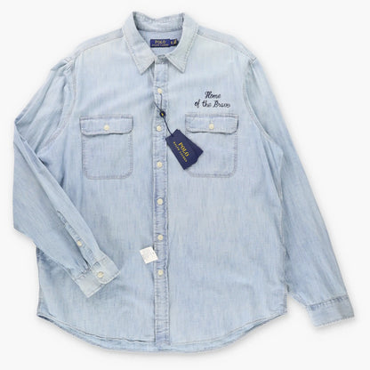 Vintage POLO RALPH LAUREN "Home Of The Brave" Embroidered Eagle New York USA Light Blue Chambray Shirt With Original Tags (XL)