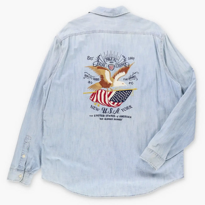 Vintage POLO RALPH LAUREN "Home Of The Brave" Embroidered Eagle New York USA Light Blue Chambray Shirt With Original Tags (XL)