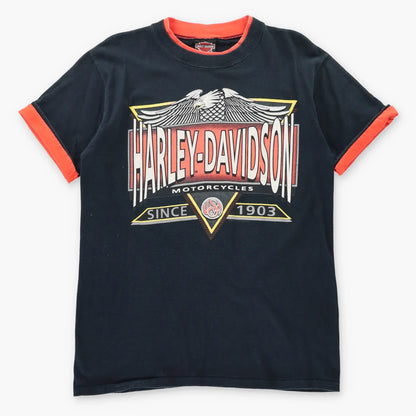 Vintage 90s HARLEY DAVIDSON Hal's Milwaukee Wisconsin Black & Orange Cuffable Tee (L)