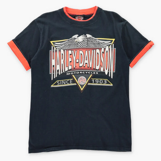 Vintage 90s HARLEY DAVIDSON Hal's Milwaukee Wisconsin Black & Orange Cuffable Tee (L)