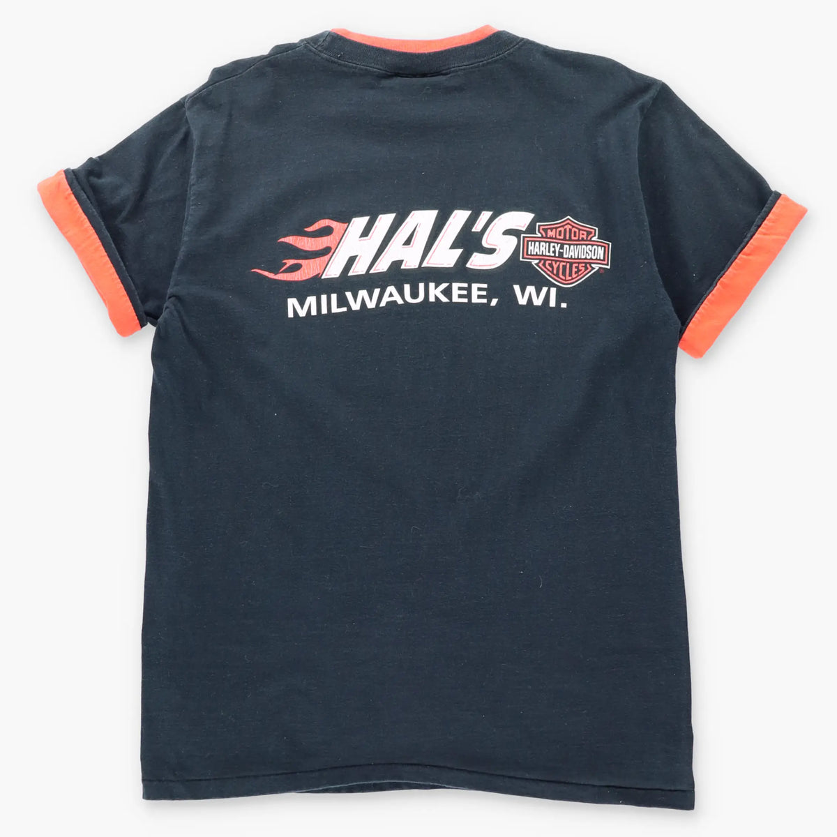 Vintage 90s HARLEY DAVIDSON Hal's Milwaukee Wisconsin Black & Orange Cuffable Tee (L)