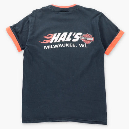 Vintage 90s HARLEY DAVIDSON Hal's Milwaukee Wisconsin Black & Orange Cuffable Tee (L)