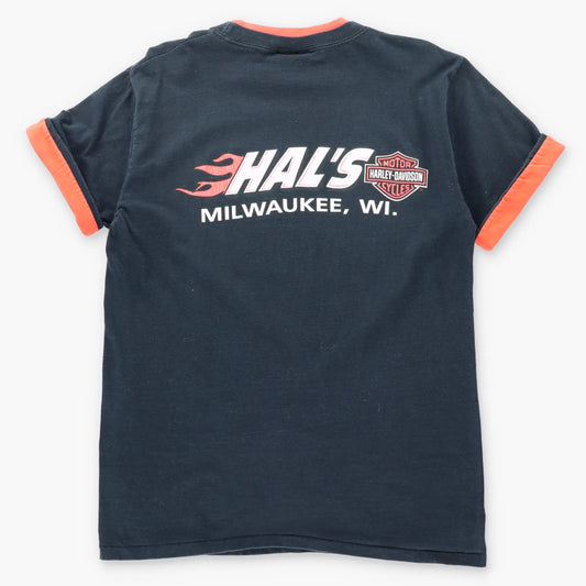 Vintage 90s HARLEY DAVIDSON Hal's Milwaukee Wisconsin Black & Orange Cuffable Tee (L)