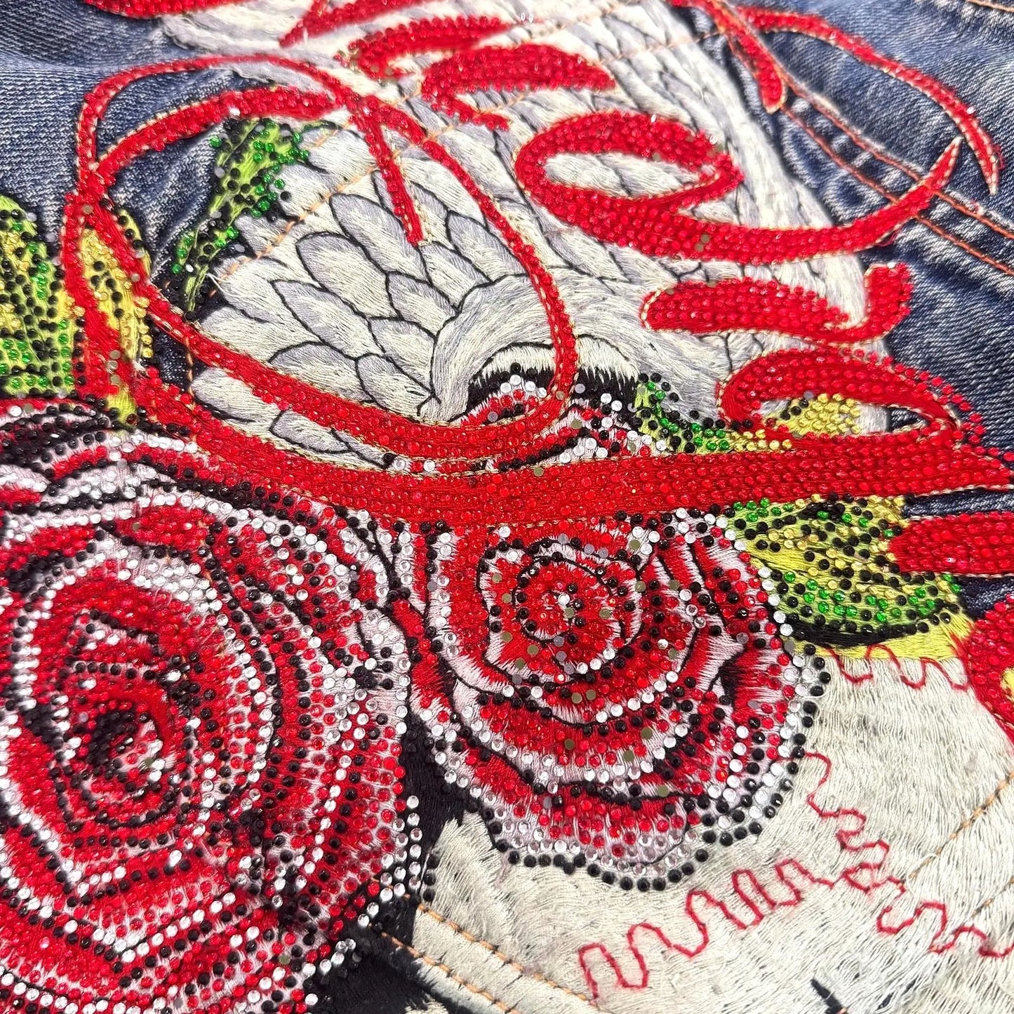 Vintage CHRISTIAN AUDIGIER Skull and Roses Embellished Rhinestone Denim Jeans (34x34) Vintage Sole Melbourne