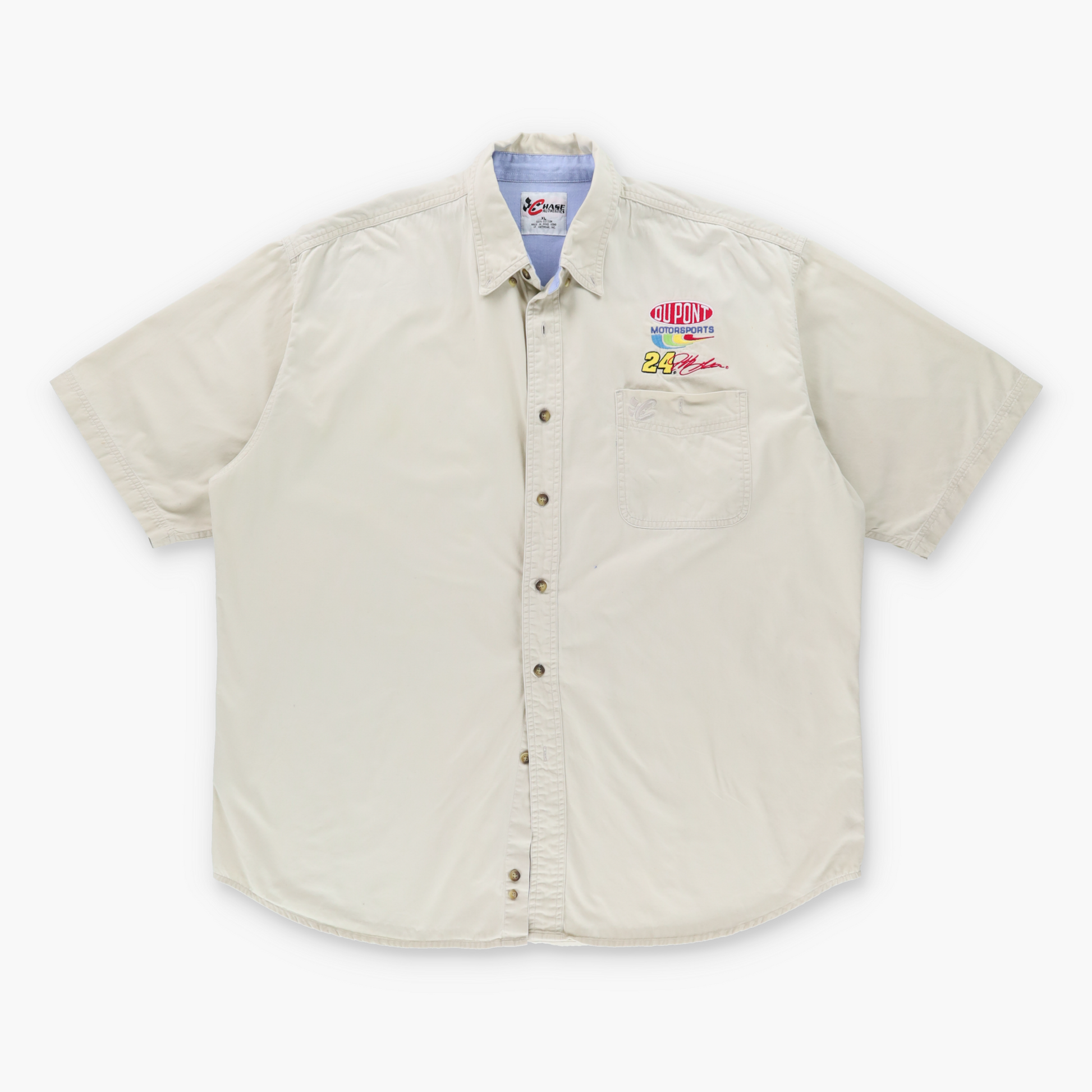Vintage NASCAR #24 Jeff Gordon Embroidered Dupont Beige Button Up Racing Shirt (XL) Vintage Sole Melbourne