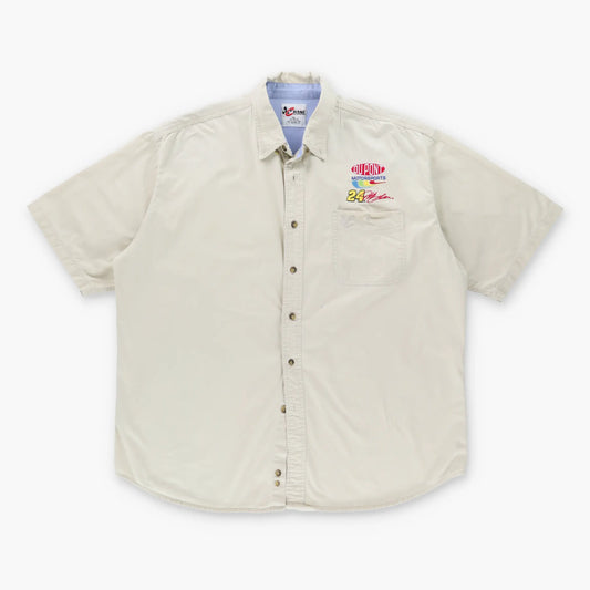 Vintage NASCAR #24 Jeff Gordon Embroidered Dupont Beige Button Up Racing Shirt (XL)