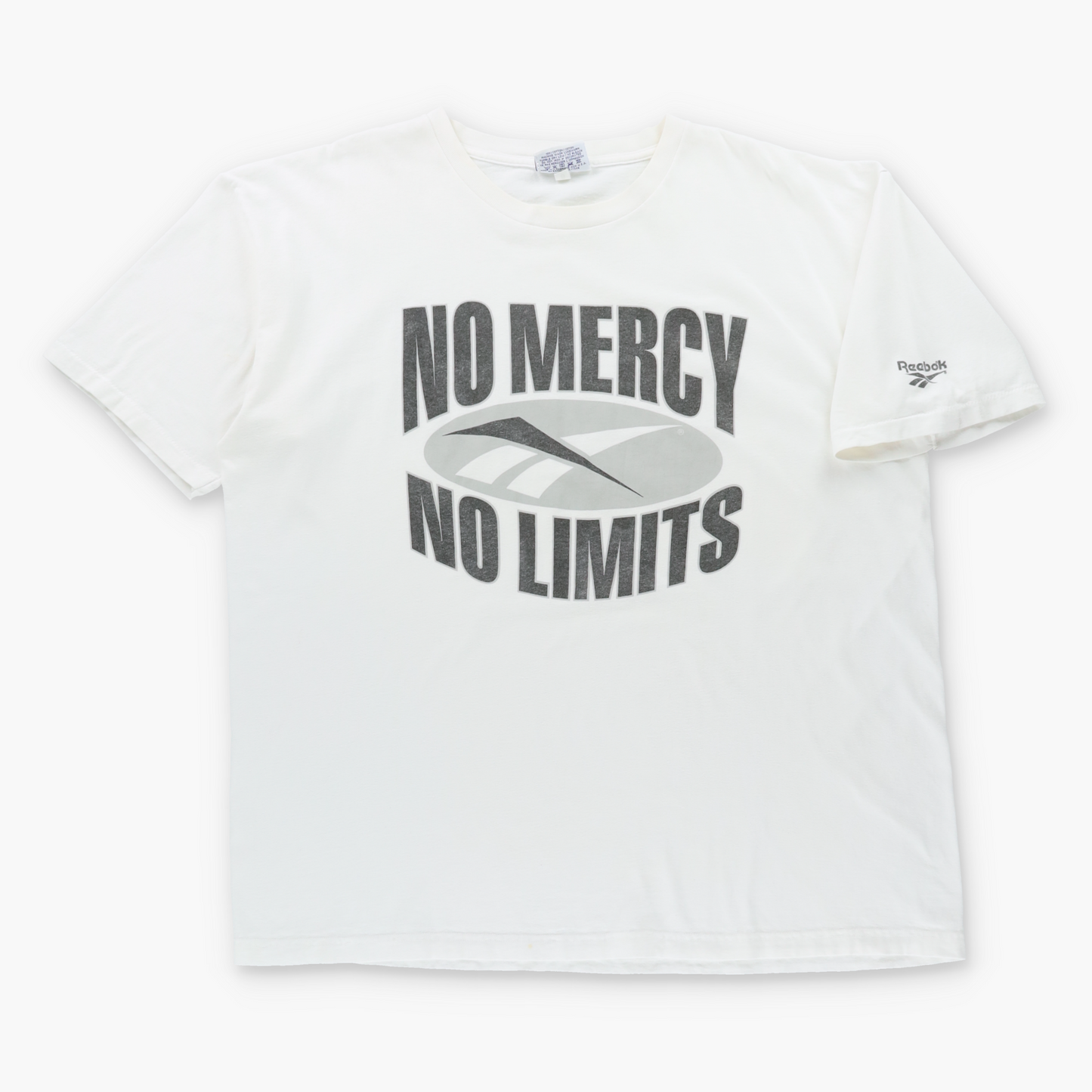 Vintage REEBOK "No Mercy No Limits" Black & White Logo USA Made T-Shirt (XXL) Vintage Sole Melbourne