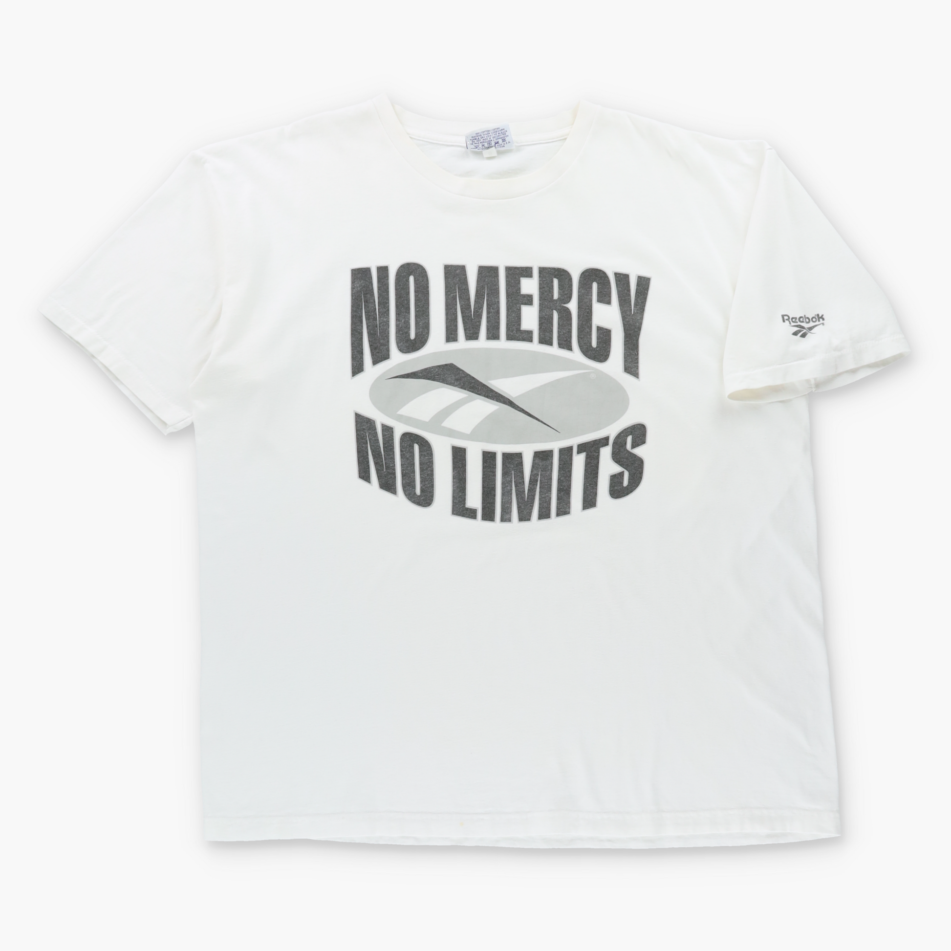 Vintage REEBOK "No Mercy No Limits" Black & White Logo USA Made T-Shirt (XXL) Vintage Sole Melbourne