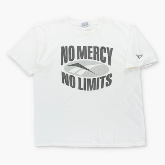 Vintage REEBOK "No Mercy No Limits" Black & White Logo USA Made T-Shirt (XXL)