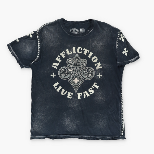 AFFLICTION "Live Fast" Distressed Cross Velvet Print USA Made Tee (XL)