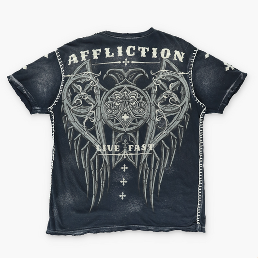 AFFLICTION "Live Fast" Distressed Cross Velvet Print USA Made Tee (XL)