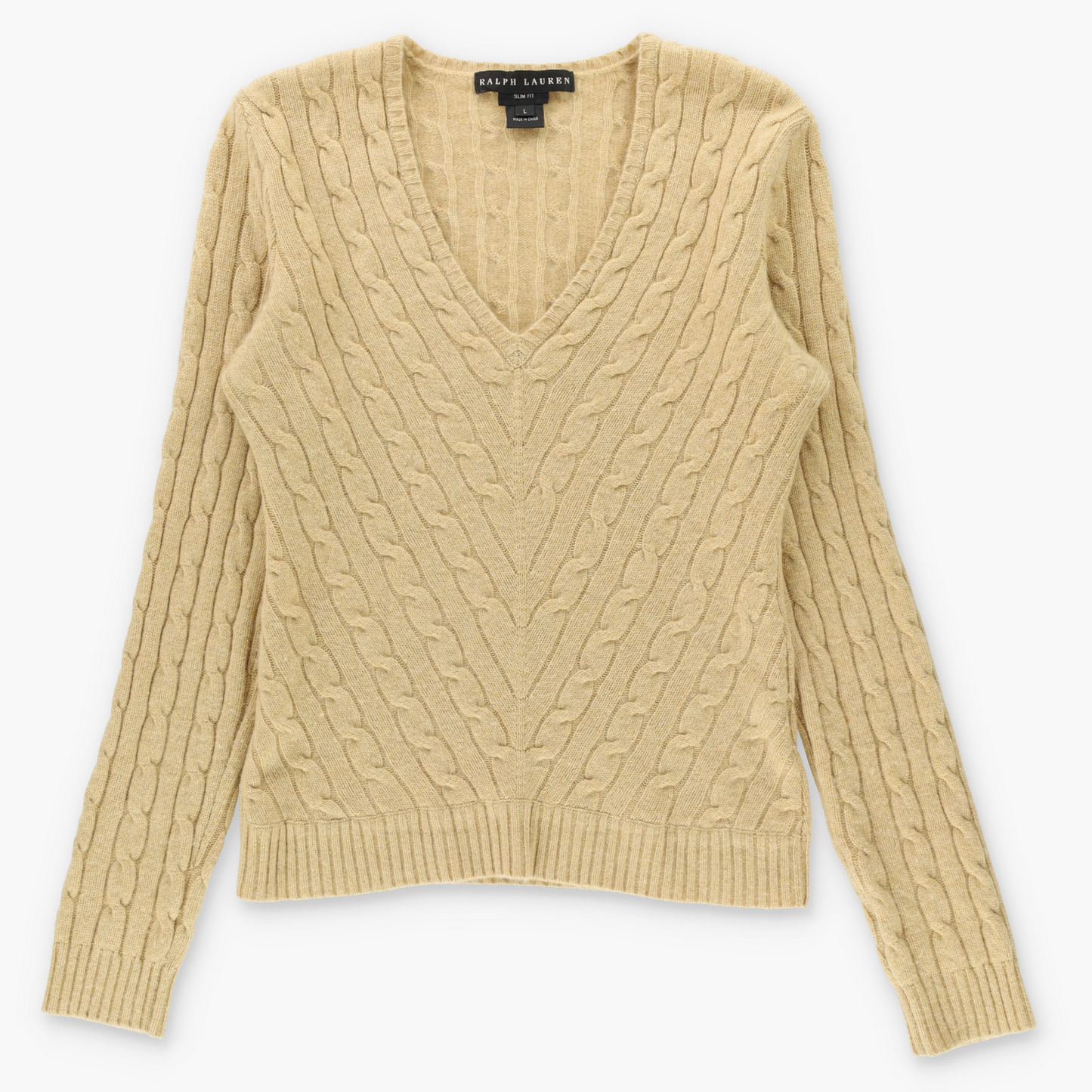 Vintage RALPH LAUREN 'Slim Fit' Tan Cashmere Cable Knit Long Sleeve V-Neck Sweater (M) Vintage Sole Melbourne