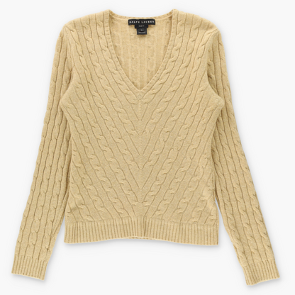 Vintage RALPH LAUREN 'Slim Fit' Tan Cashmere Cable Knit Long Sleeve V-Neck Sweater (M) Vintage Sole Melbourne