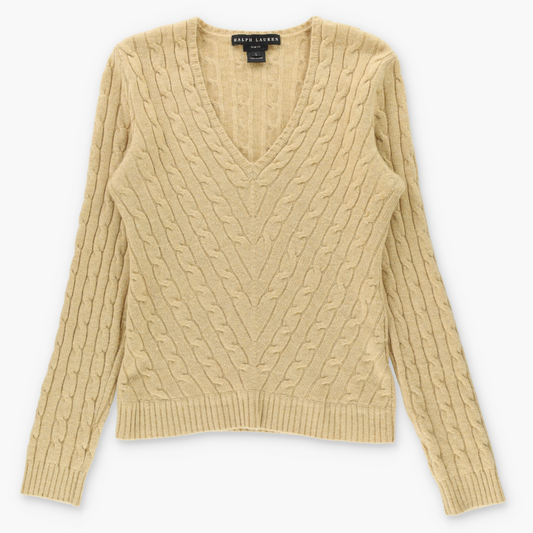 Vintage RALPH LAUREN 'Slim Fit' Tan Cashmere Cable Knit Long Sleeve V-Neck Sweater (M) Vintage Sole Melbourne