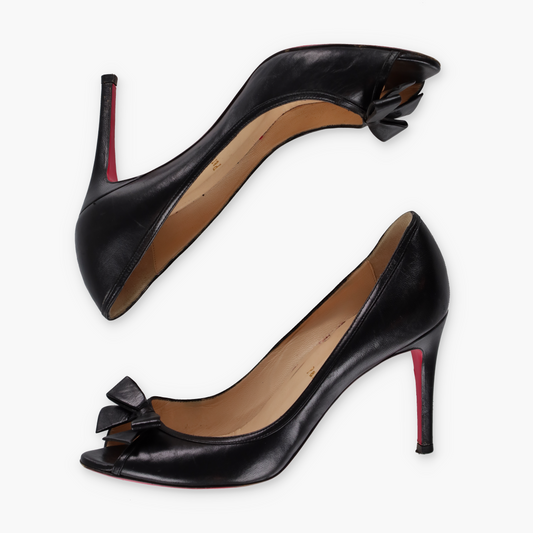CHRISTIAN LOUBOUTIN Black Leather Bow Italian Made Peep Toe Stiletto Heels (37)