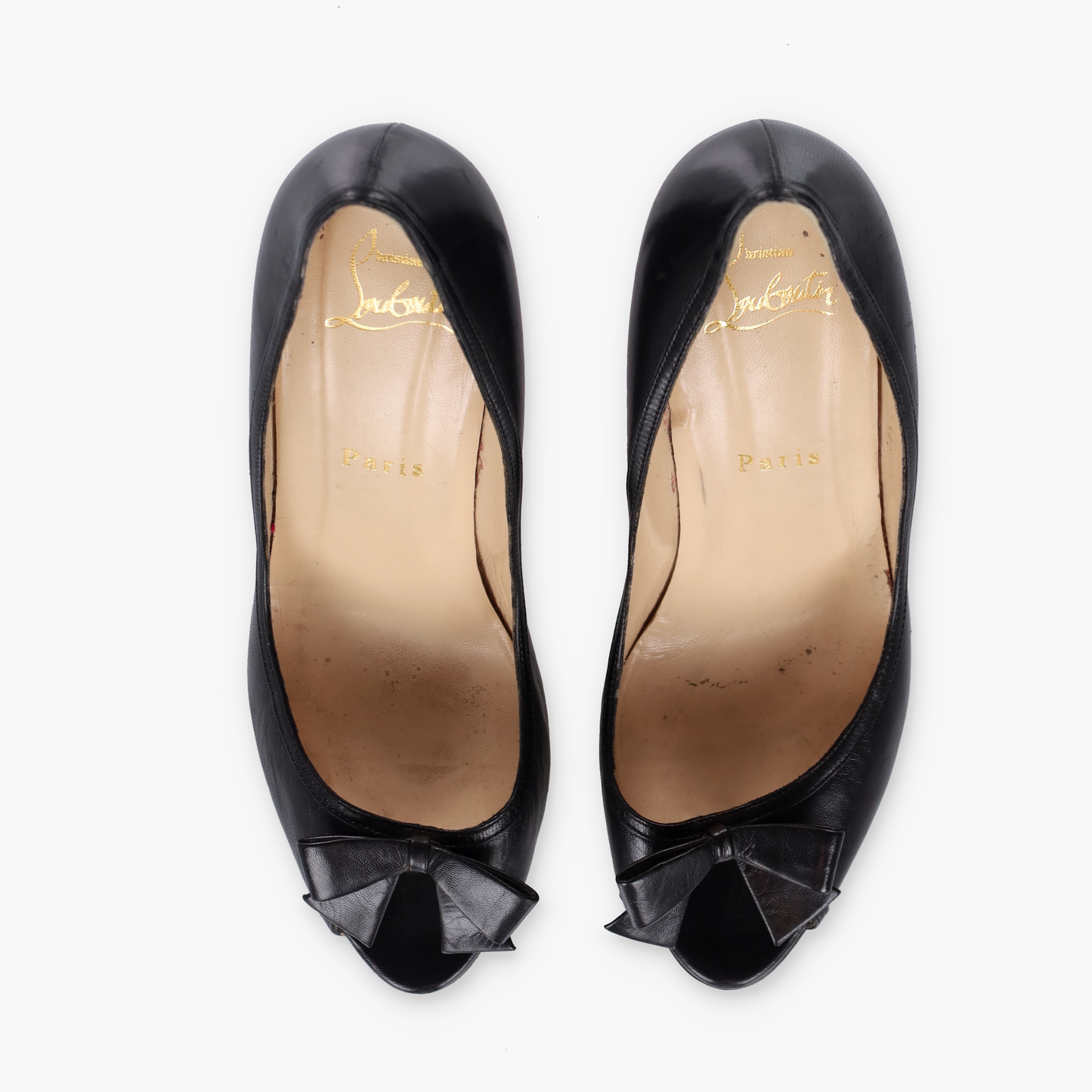 CHRISTIAN LOUBOUTIN Black Leather Bow Italian Made Peep Toe Stiletto Heels (37)