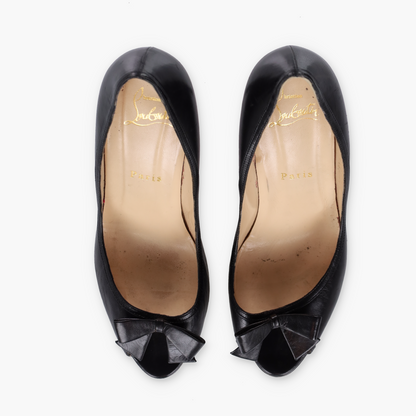CHRISTIAN LOUBOUTIN Black Leather Bow Italian Made Peep Toe Stiletto Heels (37)