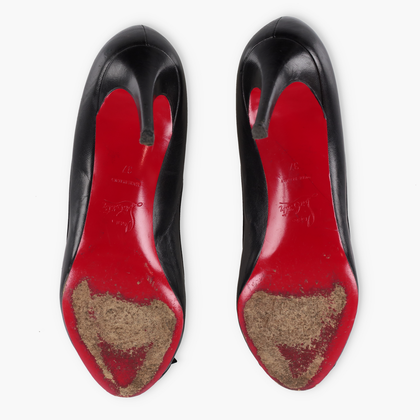 CHRISTIAN LOUBOUTIN Black Leather Bow Italian Made Peep Toe Stiletto Heels (37)