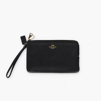 COACH Double Zip Black Pebble Leather Gold Hardware Wallet F87587