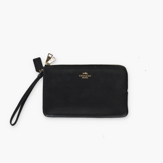 COACH Double Zip Black Pebble Leather Gold Hardware Wallet F87587