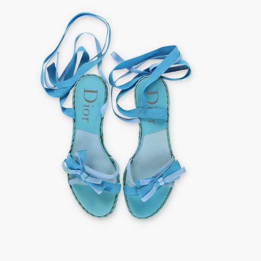 DIOR Cloth Strappy Lace-Up Bow Detail Blue Sandals (36.5)